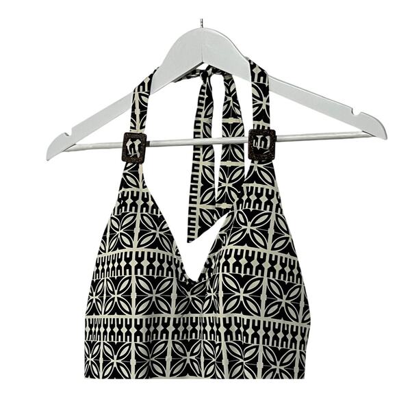 Lands' End Swim Womens 12 One Piece Halter Geo Print Tummy Slimming Black Ivory - Picture 4 of 9